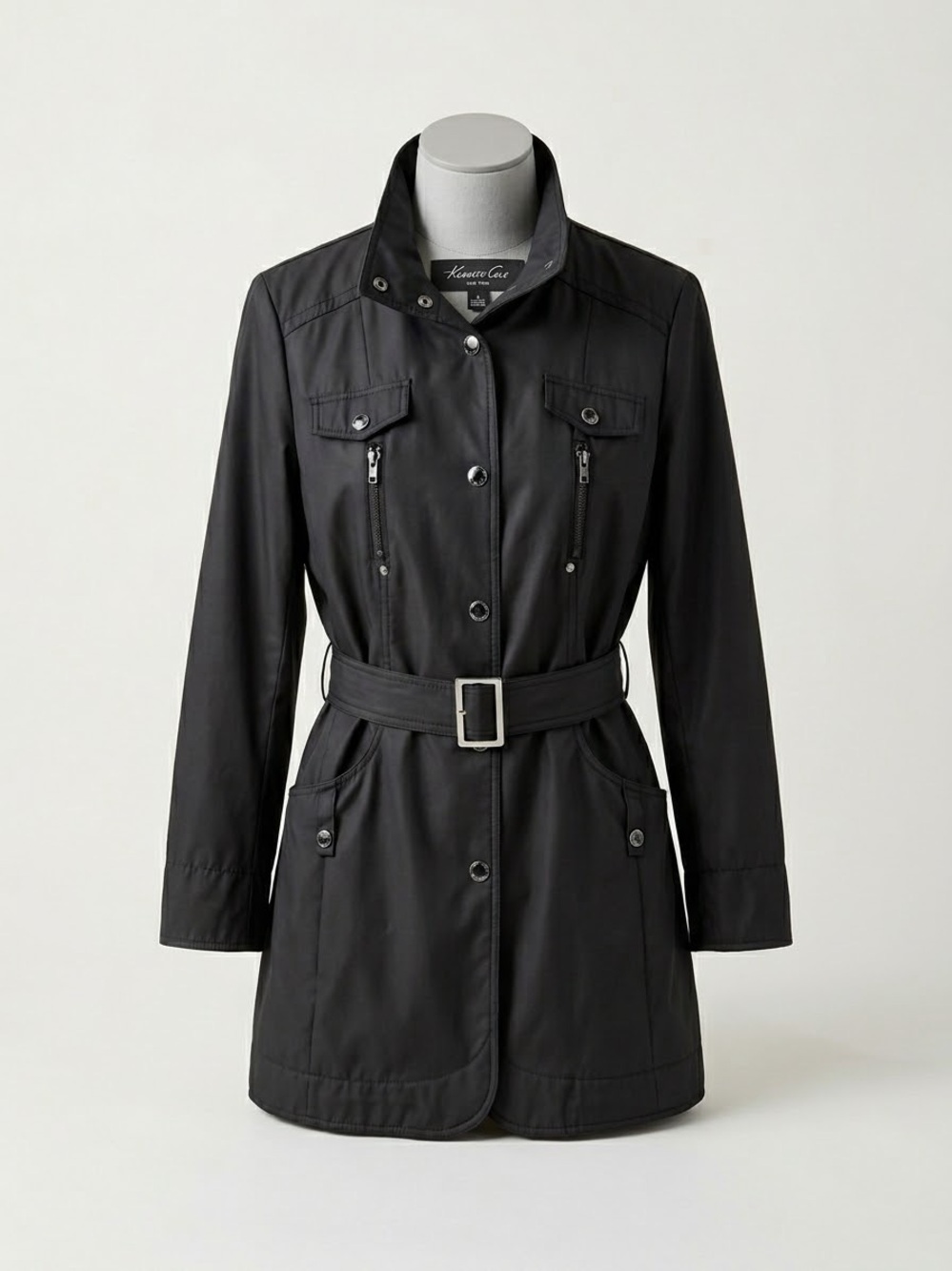 Kenneth Cole New York Black Belted Trench Coat Jacket Utility Size Medium